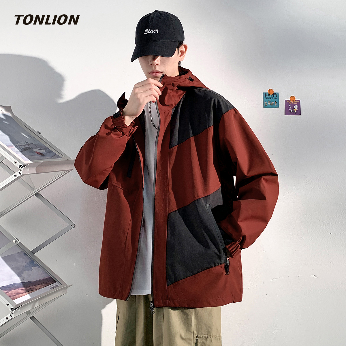 唐狮拼接连帽宽松工装休闲外套男