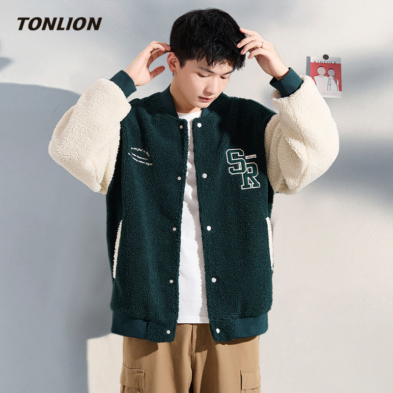 唐狮仿羊羔毛外套男款2025冬季新款美式棒球服宽松青少年加厚夹克