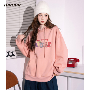 唐狮粉色连帽卫衣女2026春季新款韩版印花宽松套头慵懒风上衣外套