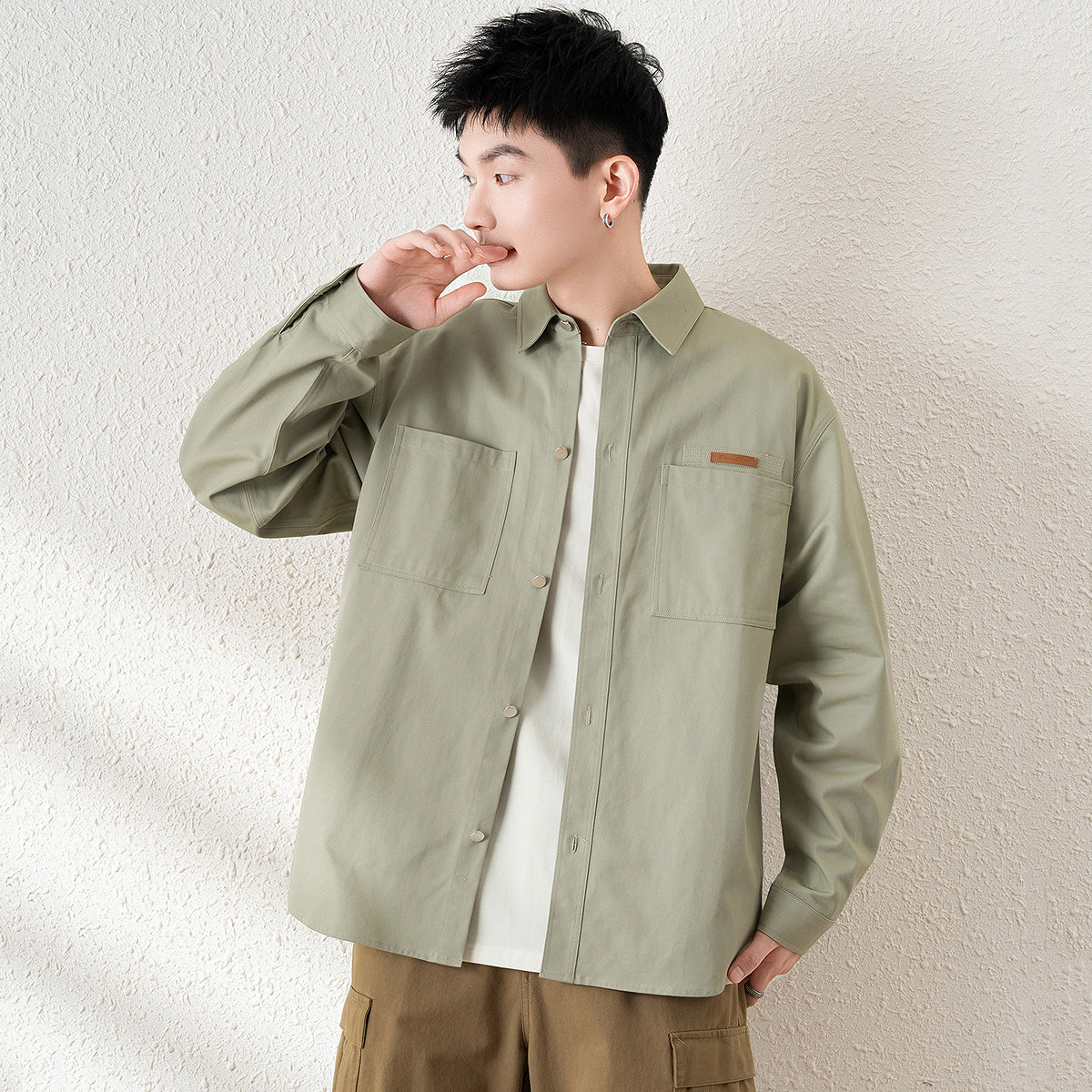 唐狮男士衬衫2025春季新款工装休闲外套宽松青少年高级感长袖衬衣