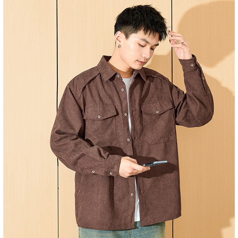 唐狮男士衬衫2025春季新款潮牌长袖衬衣男宽松翻领青少年休闲外套