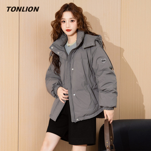 唐狮灰色短款羽绒服女2025冬季新款韩版时尚宽松连帽加厚保暖外套