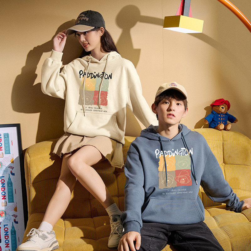 唐狮情侣装加绒卫衣男女款2025秋冬新款韩版印花宽松连帽套头外套