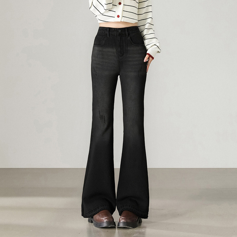 唐狮高腰微喇牛仔裤女2025秋冬新款修身显瘦毛边设计感百搭喇叭裤