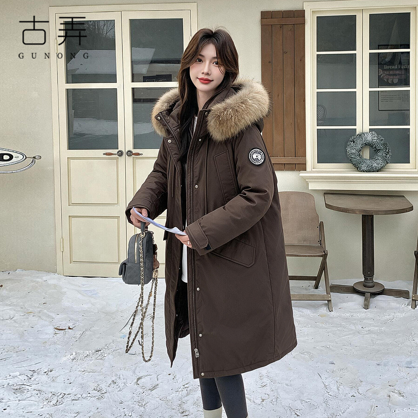 宽松连帽毛领中长款派克羽绒服女图片