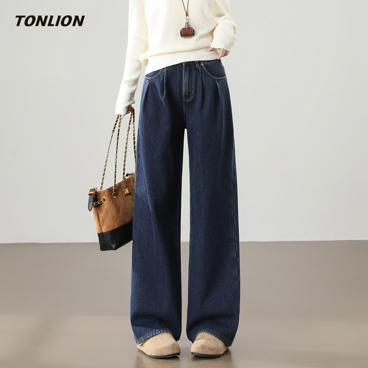 唐狮深蓝色加绒加厚牛仔裤女2025冬季新款宽松显瘦高腰直筒阔腿裤