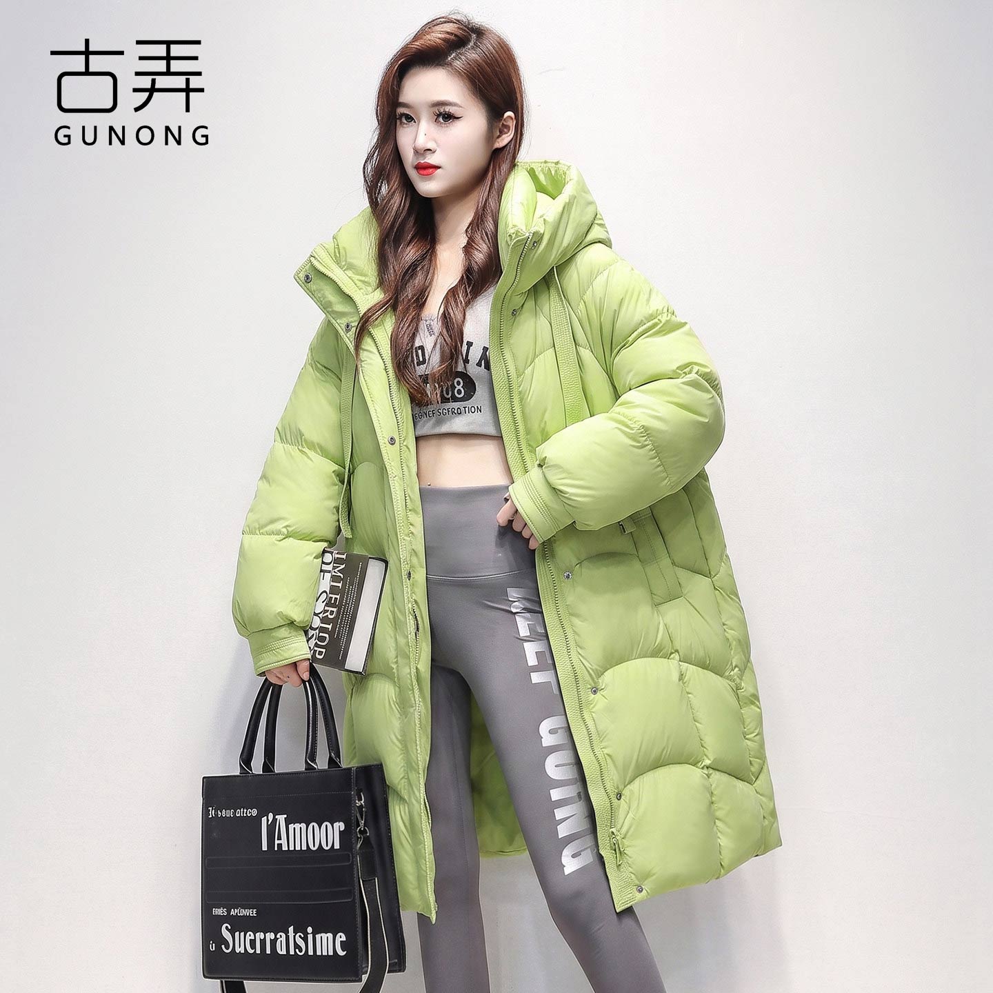韩版宽松连帽中长款保暖羽绒服女