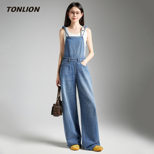 唐狮背带牛仔裤女2026春季新款宽松显瘦显瘦韩系穿搭超火的阔腿裤