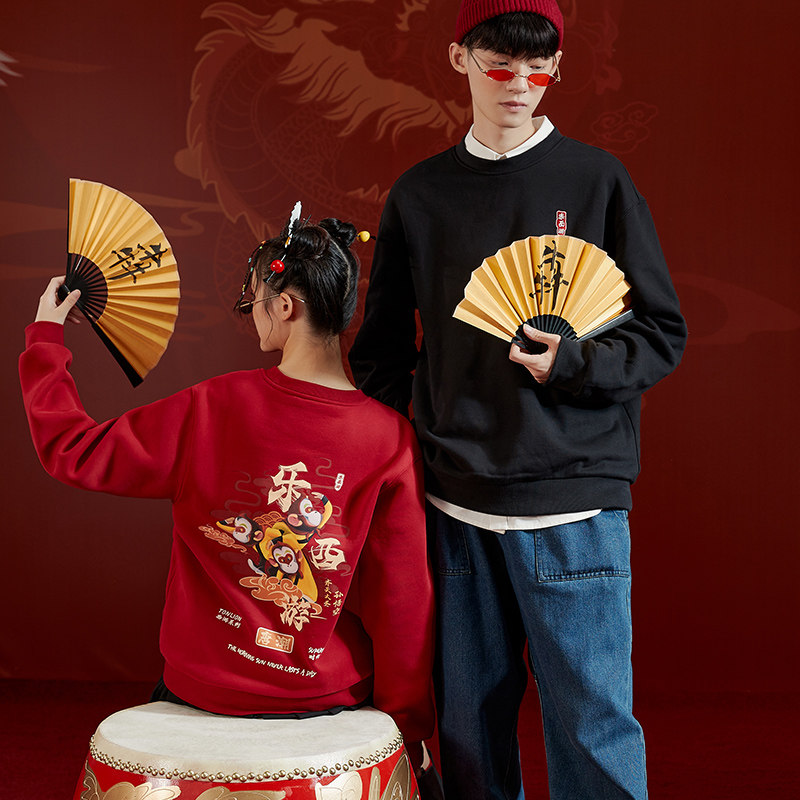 唐狮情侣卫衣男女款2025秋季新款国潮印花宽松圆领套头高级感上衣