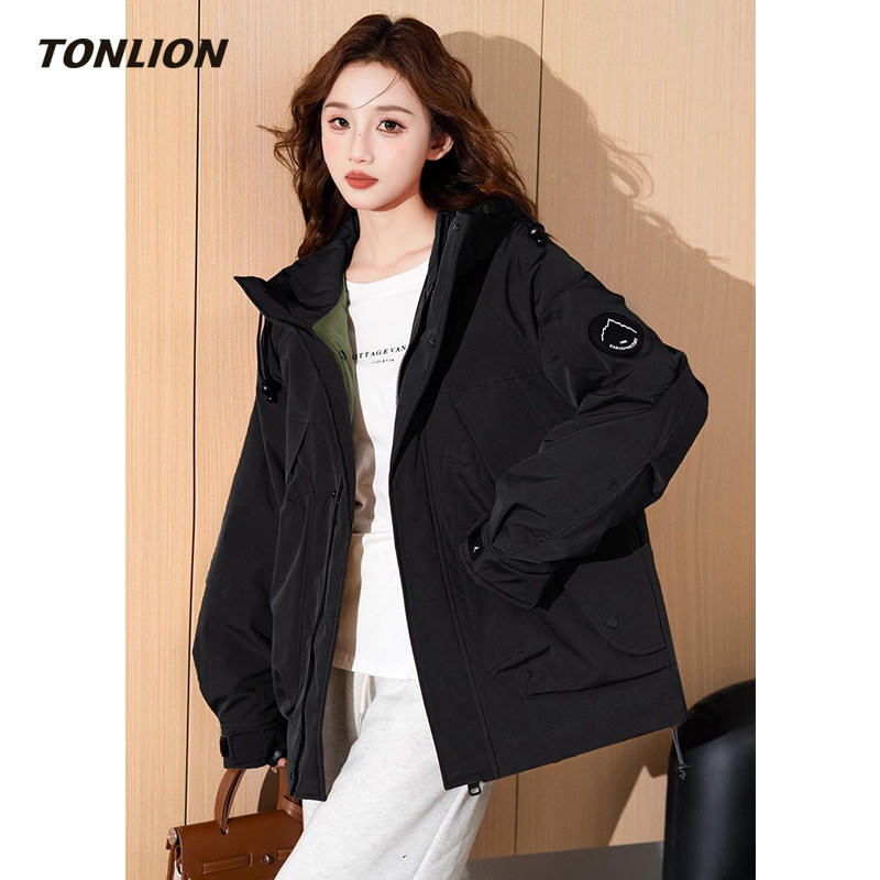 唐狮黑色棉衣棉服女2025冬季新款宽松连帽高级感加厚保暖工装外套