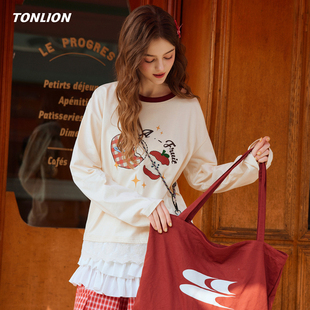 唐狮长袖T恤女2026春季新款甜美印花宽松蕾丝拼接设计感小众上衣