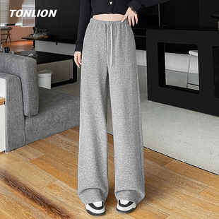 唐狮灰色加绒休闲裤女2025冬季新款宽松慵懒风高级感直筒阔腿裤子