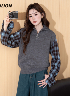 唐狮灰色毛衣女2025冬季新款格子拼接假两件宽松套头高级感针织衫