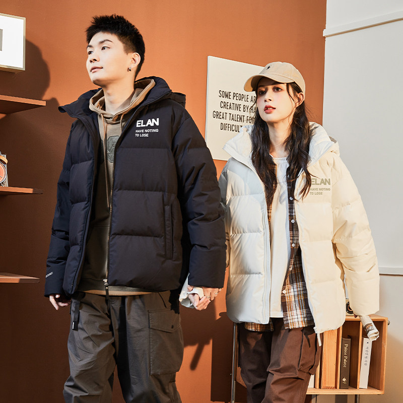 唐狮情侣羽绒服男女2025冬季新款韩版印花宽松连帽短款面包服外套