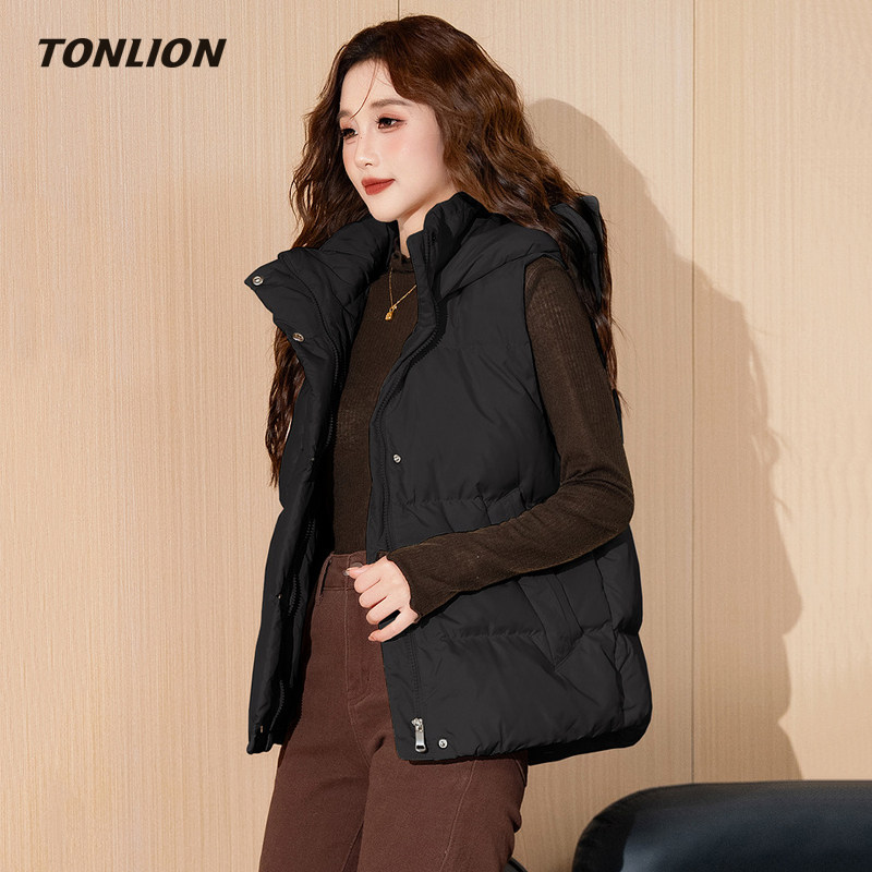 唐狮羽绒马甲背心女2025冬季新款宽松连帽外穿设计感小个子羽绒服