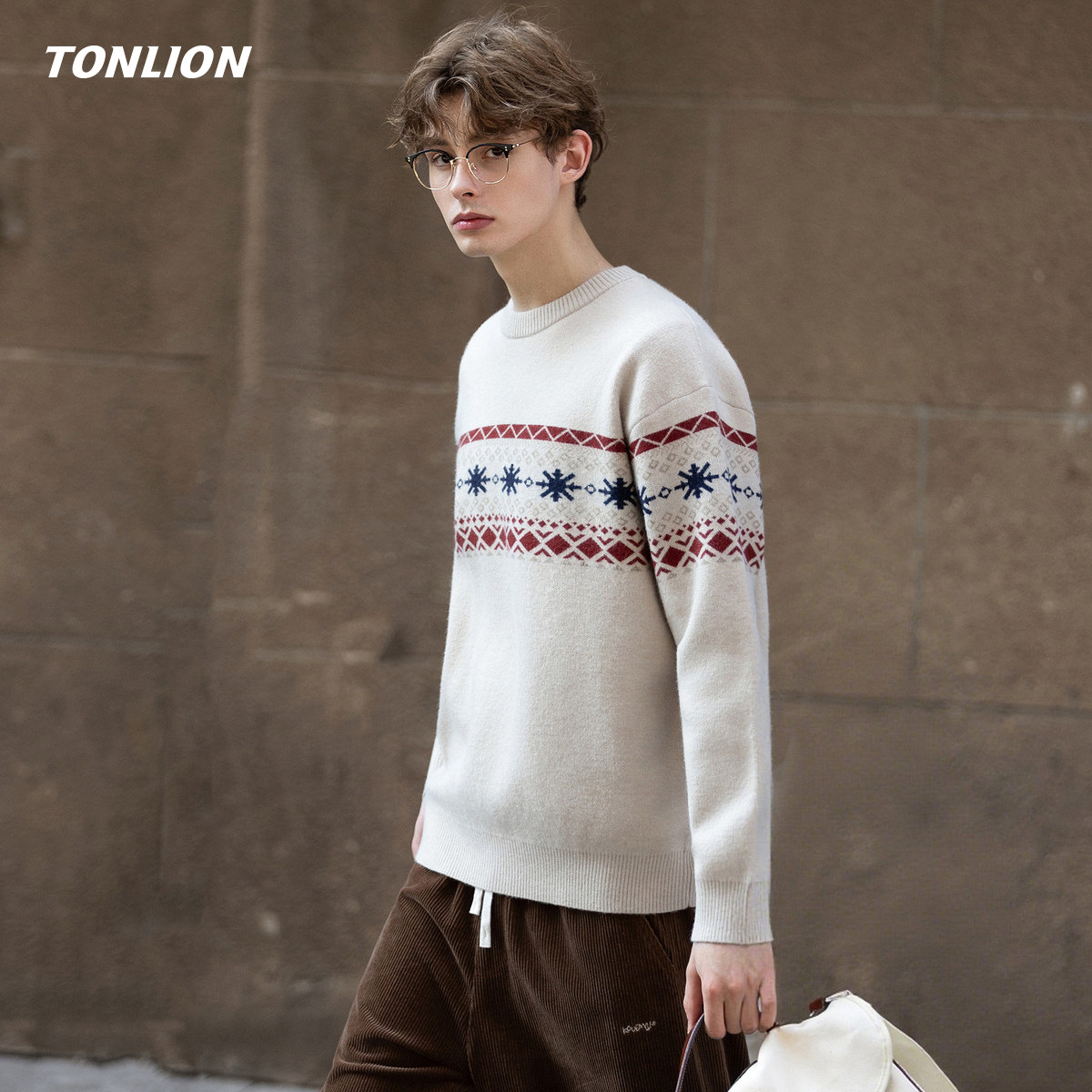 唐狮圆领毛衣男2025冬季新款费尔岛提花宽松套头慵懒风内搭针织衫