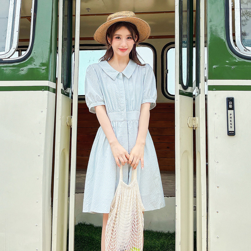 唐狮格子短袖连衣裙女2025夏季新款收腰显瘦高级感小清新气质裙子