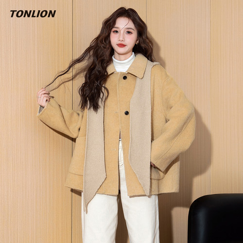 唐狮女装假两件宽松连帽毛呢外套