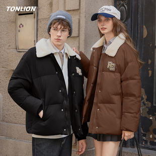唐狮情侣短款棉衣外套男女2025冬季新款仿羊羔毛翻领宽松保暖棉服