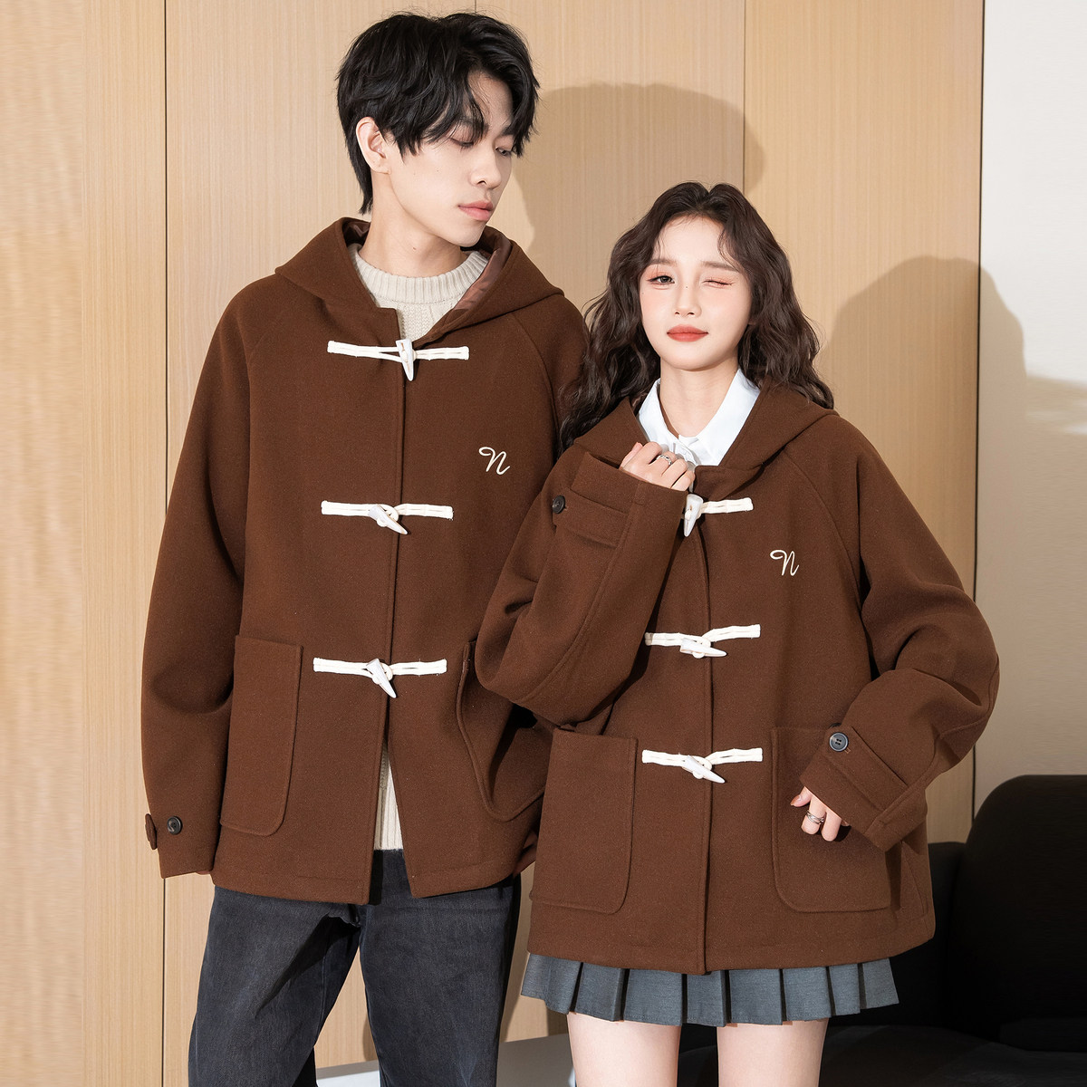 唐狮情侣装毛呢外套男女2025冬季新款韩版宽松连帽高级感呢子大衣,男装,毛呢大衣,淘宝优惠券,粉丝福利购,淘宝优惠卷