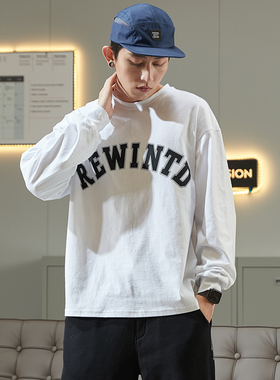 唐狮2025春季新款白色长袖T恤男士字母印花宽松圆领青少年打底衫