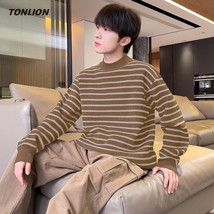 唐狮男生毛衣2026春季新款潮流宽松圆领套头青少年内搭条纹针织衫