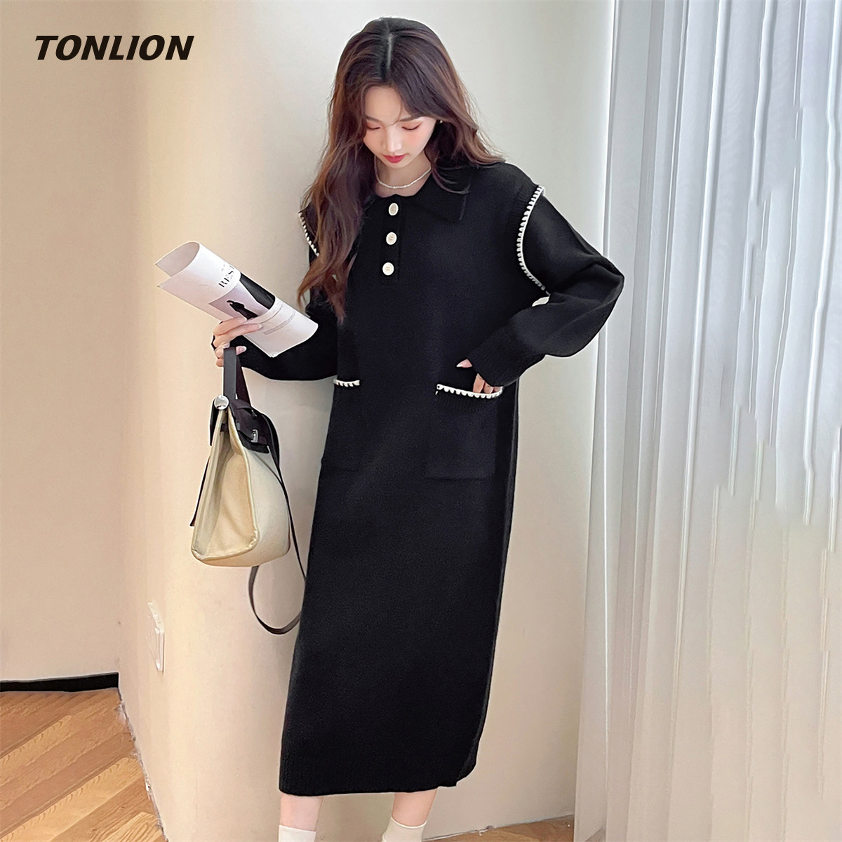 唐狮黑色针织连衣裙女2025冬季新款通勤翻领宽松显瘦休闲气质长裙