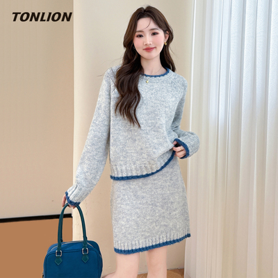 唐狮宽松圆领毛衣半身裙时尚套装