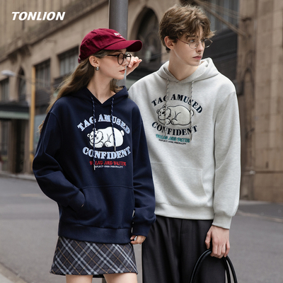 唐狮卡通刺绣宽松连帽情侣装卫衣