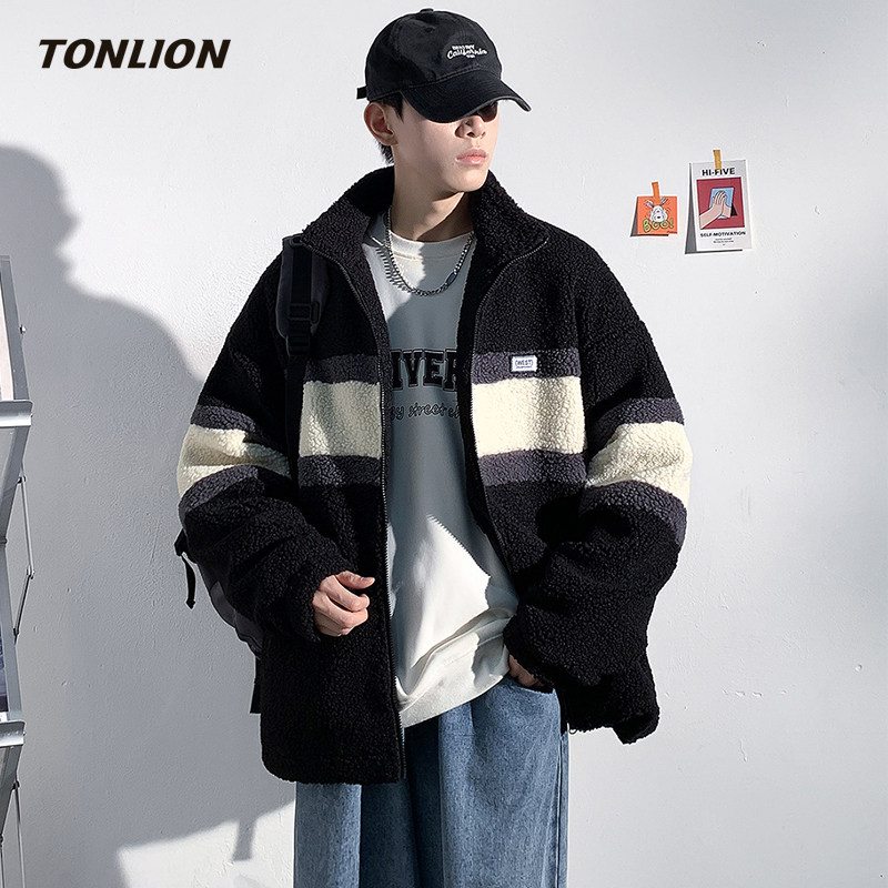 唐狮仿羊羔毛外套男款2025秋冬新款拼接立领宽松百搭加厚保暖夹克