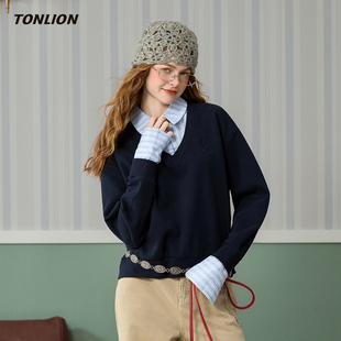 唐狮无帽卫衣女2026春季新款拼接翻领假两件宽松显瘦短款休闲上衣