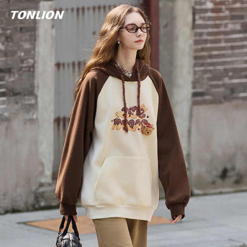唐狮连帽卫衣女2025秋冬新款韩版撞色拼接宽松套头慵懒风上衣外套