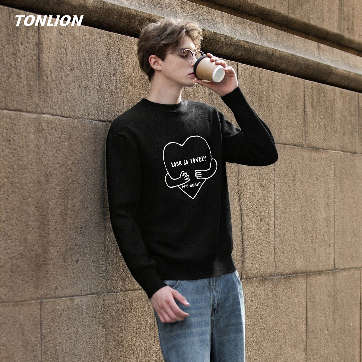 唐狮黑色毛衣男款2025冬季新款潮牌宽松圆领高级感内搭长袖针织衫