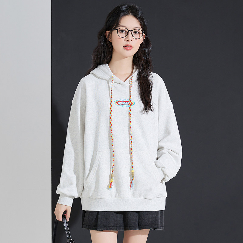 唐狮灰色加绒卫衣外套女2025秋冬新款宽松连帽套头慵懒风薄款上衣