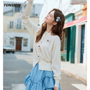 唐狮长袖针织开衫女2026春季新款宽松显瘦短款小个子圆领毛衣外套