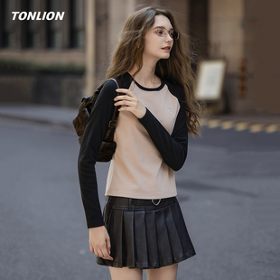 唐狮长袖T恤女2026春季新款拼接设计感收腰显瘦插肩袖打底衫上衣