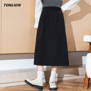 唐狮黑色a字半身裙女2026春季新款高腰显瘦开叉高级感小个子长裙