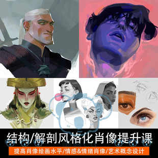 PS人物肖像提升课结构解剖学情绪风格化板绘绘画过程艺术教程笔刷