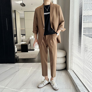 潮流宽松半袖 西服套装 男轻熟风韩版 外套九分裤 新款 夏季 休闲七分袖