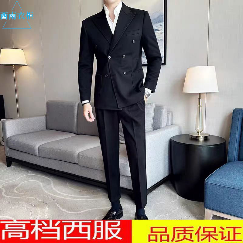 冬季时尚加厚款双排扣西装男套装青年韩版潮流帅气毛呢料休闲西服