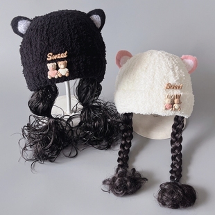 婴儿帽子秋冬宝宝毛线帽儿童护耳帽珊瑚绒可爱针织保暖女童假发帽