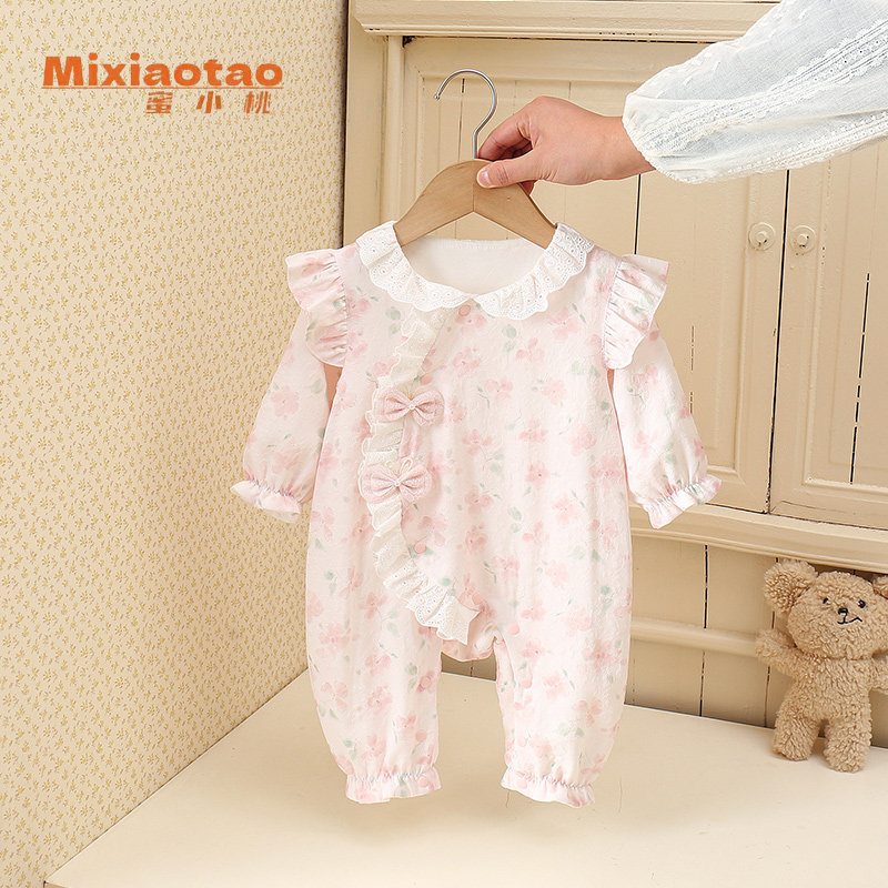 双层秋款樱花粉蕾丝边纯棉可爱女宝宝闭档连体衣哈衣爬服保暖