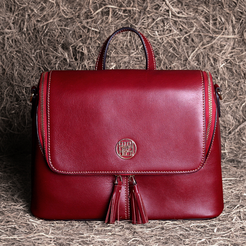 藏皮客包包女式2025新款头层牛皮横版双肩包真皮流苏斜挎背包两用