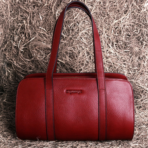 藏皮客头层牛皮女式手提波士顿包