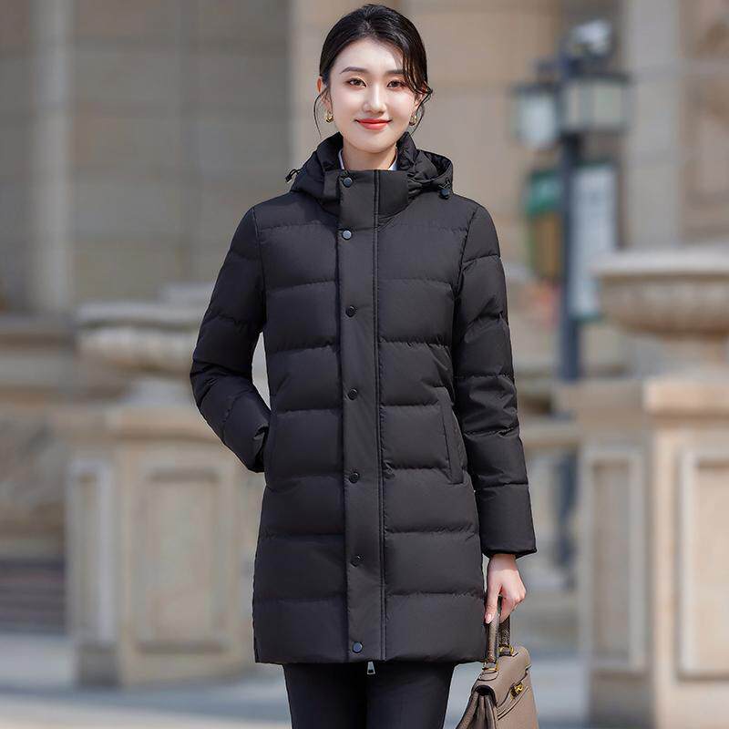 黑色羽绒服女款冬季职业装中长款棉服外套保暖工装酒店前台工作服