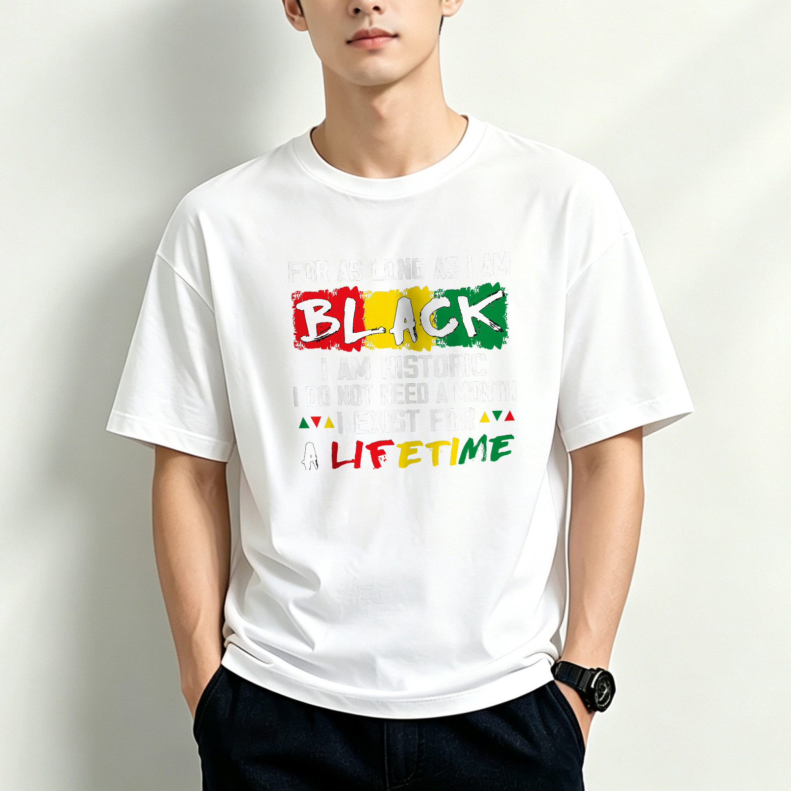 男士100% 纯棉透气半袖体恤夏季宽松黑白纯色圆领青年通勤上衣