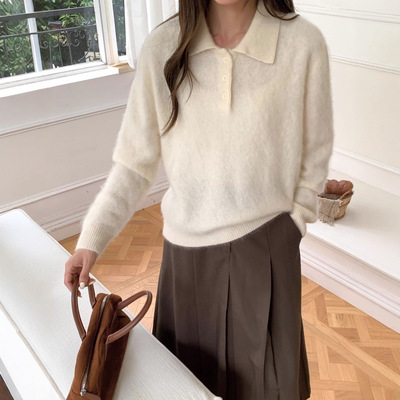羊毛拉绒高质价比秋冬上衣 韩货订单多色拉绒长袖polo衫宽松毛衣