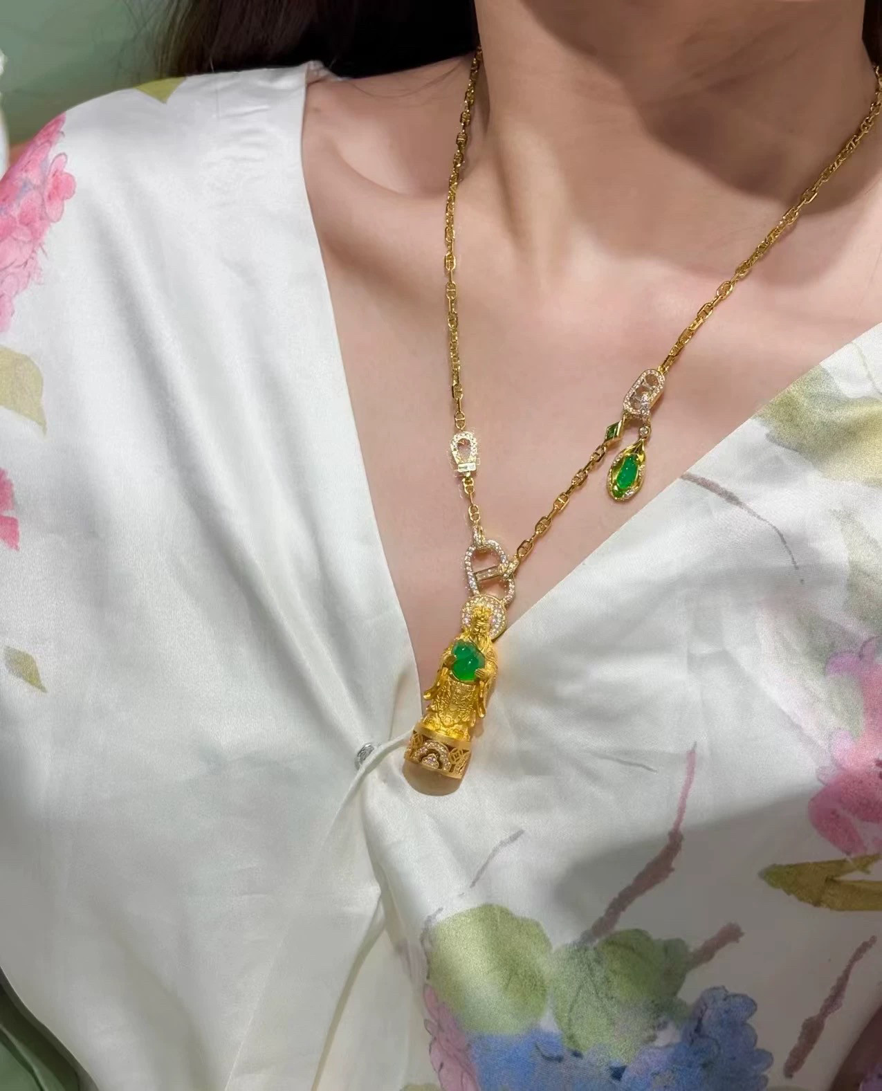 高端镀18k金猪鼻子万能链翡翠玉坠玉佩佛公吊坠配链子项链佛牌链