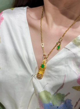 高端镀18k金猪鼻子万能链翡翠玉坠玉佩佛公吊坠配链子项链佛牌链