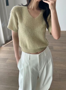 现 韩国东大门代购新款 utre 24春复古质感超柔软V领短袖针织衫